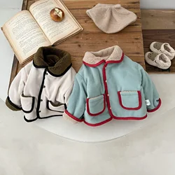 Autumn Winter Boy Girl Children Plus Velvet Thicken Warm Jacket Baby Solid Fleece Lapel Long Sleeves Tops Kid Retro Casual Coat