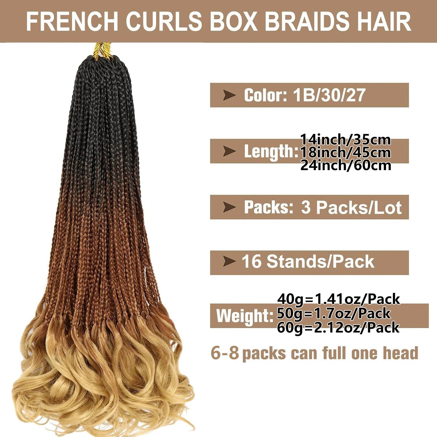 프렌치 컬 크로셰 브레이즈 여신 박스 브레이즈 여성용 크로셰 헤어, 곱슬 끝이 있는 프리 루프 크로셰 박스 브레이드 (합성 섬유)