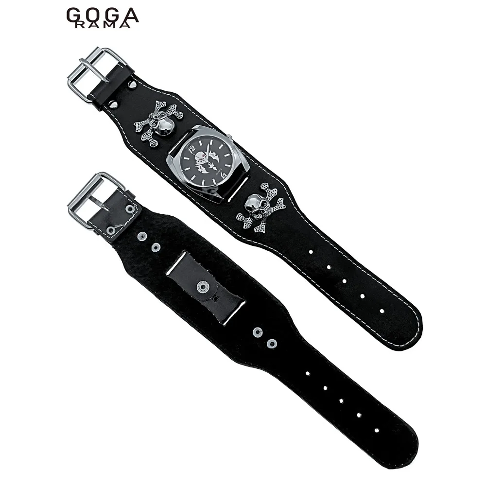 GOGARAMA-Relógio de Pulso Punk Masculino e Feminino, Pulseira de Couro Preto, Caveira 3D, Relógios de Quartzo, Aniversário, Natal, Halloween, Bons Presentes