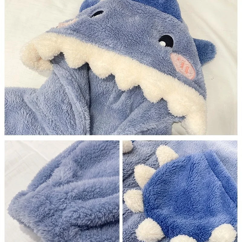 Ins Winter Cute Shark Hooded Coral Velvet Pajamas Homewear Women Padded Thickened Warm Clothes Homewear One-Piece Pajamas