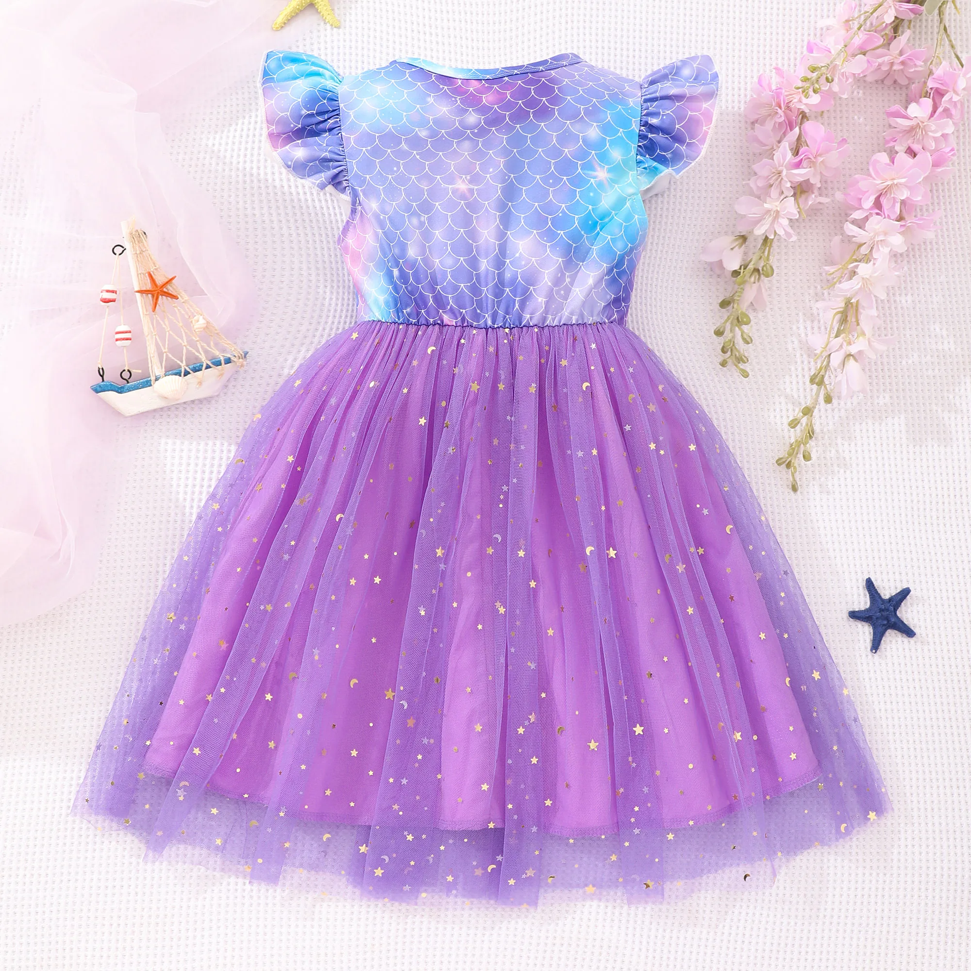 Dreamy Gradient Fish Scale Print Bow Decor Star Sequin Decor Tutu Dress Sweet Mesh Dresses For Summer Holiday Gift Party