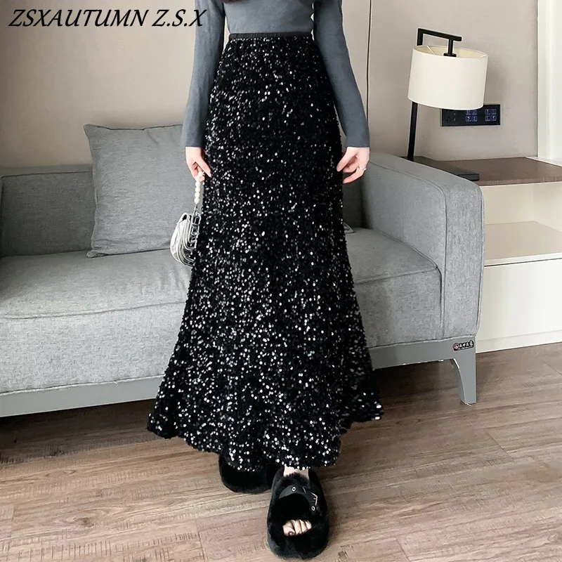 Sequined Skirt Women Solid Elastic Waist Fishtail Skirt Korean Fashion Clothing Evening Party Sparkling Bodycon Skirts Female