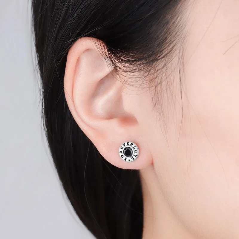 MISEFF 925 Sterling Silver Ear Jewelry FOREVER LOVE Print Design Stud Earrings Luxury Fine Engagement Wedding Earring Gifts