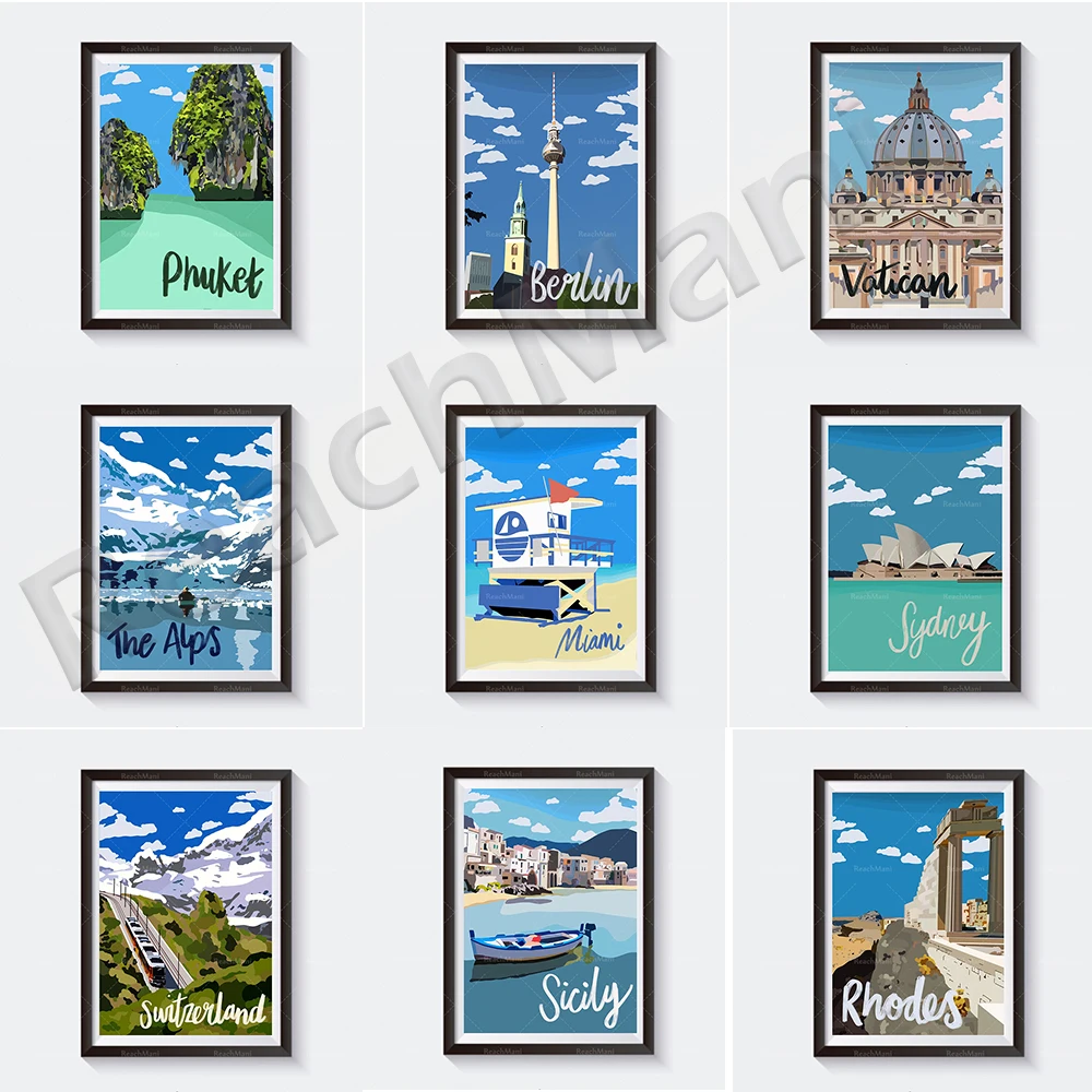 رودس اليونان، سيدني، ميامي، فوكيت تايلاند، سويسرا، ألمانيا، صقلية، جبال الألب، بورنيموث، ملصق سفر روما الفاتيكان #1