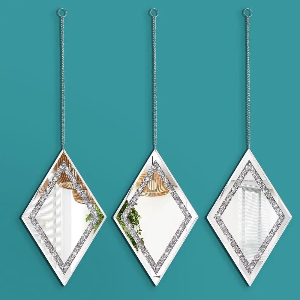

Silver Diamond Shaped Wall Mirror Set o 3, Decorative Crystal Crush Diamond Mirror Bedroom, Living Room & Hallway, Home Decor