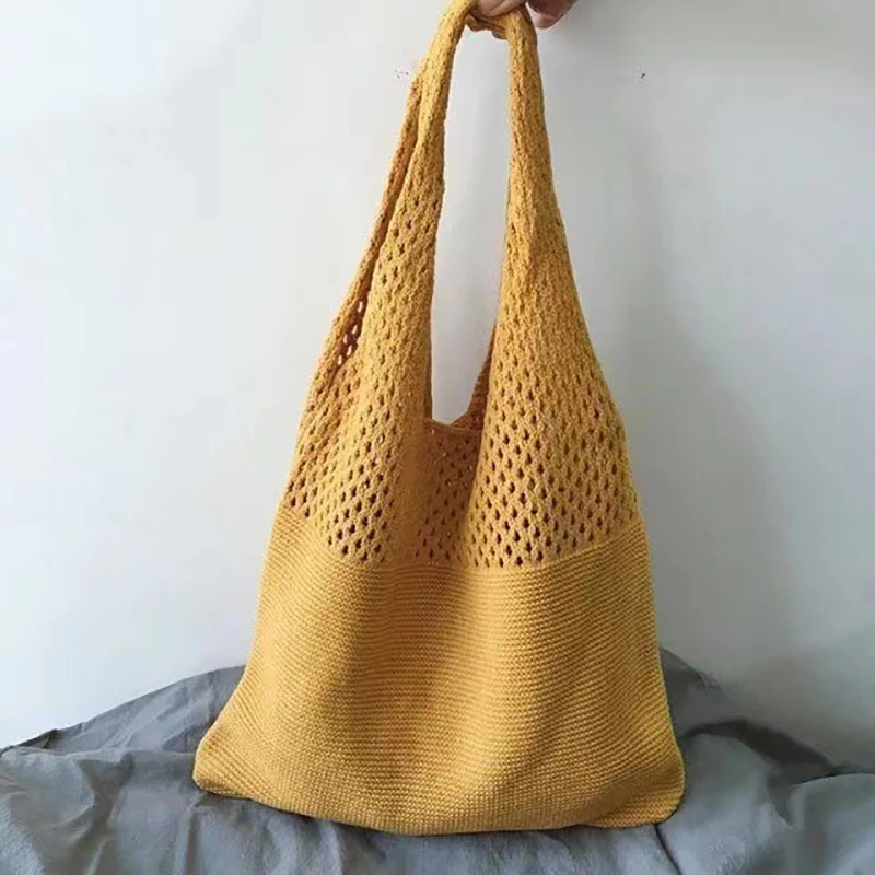 Mesh Hobo Shopping Bag Women Bags Korean Large Capacity Knitted Hollow Shoulder Bag Boho Woven Summer Beach Shopper Bucket Tote