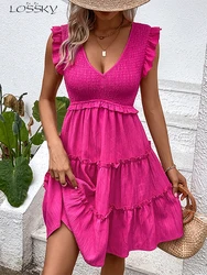 Summer Midi Dresses For Women Casual Red Ruffle Big Hem Holiday Beach Dress Fashion Sleevelee V Neck New In Dresses 2024