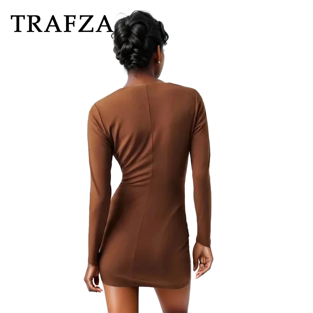 TRAFZA 2024 Spring Summer Sexy Draped Women Dresses Fashion Elegant Slim V Neck Solid High Waist Chic Nightclub Mini Dresses