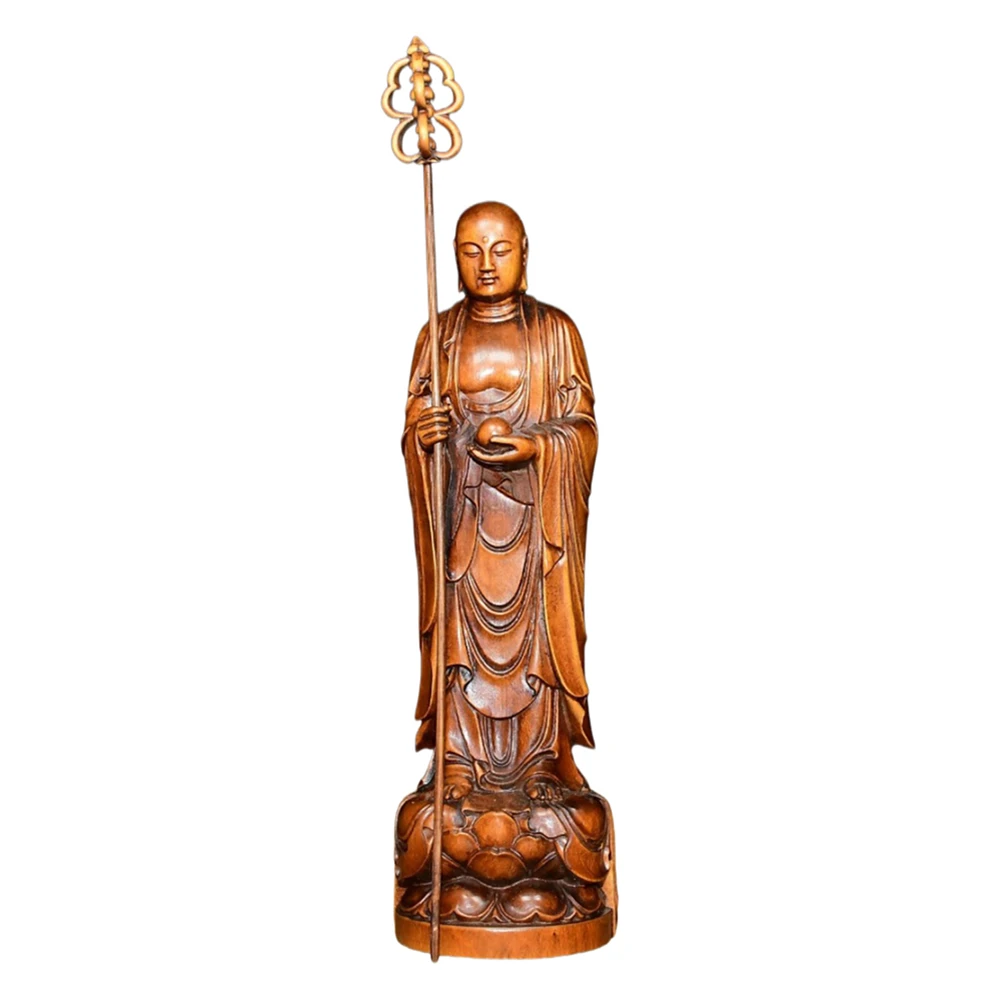 Statues figurines en bois sculpté Ksitigarbha Figurine sceptre gardien Vow Protection salut platé sanctuaire dévotion bénédiction