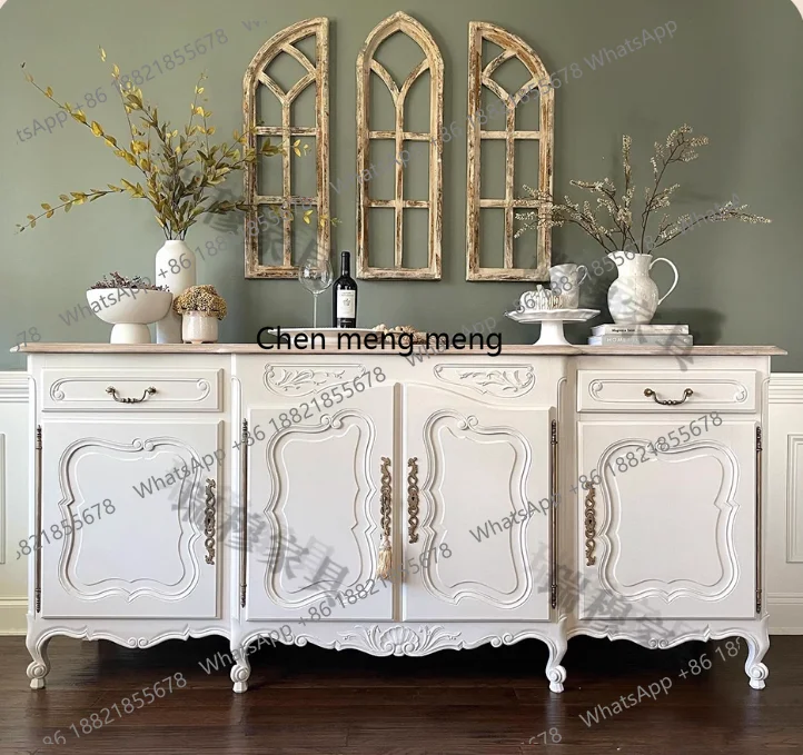 

French cream style solid wood dining side cabinet living room parquet locker retro carved locker