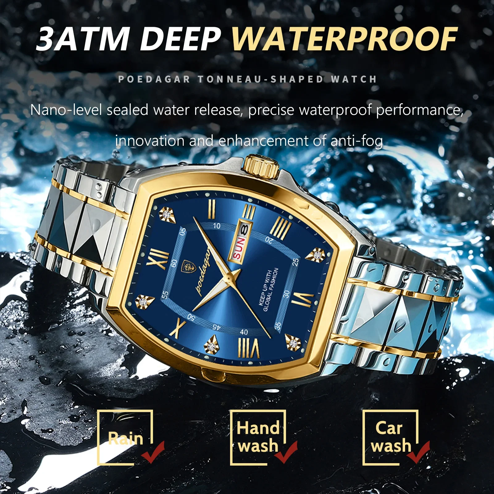 Men\'s Watch Tonneau Case Stainless Steel Watch Quartz Wristwatch Date Week Luminous Waterproof Man Clock Jam Tanggan Lelaki