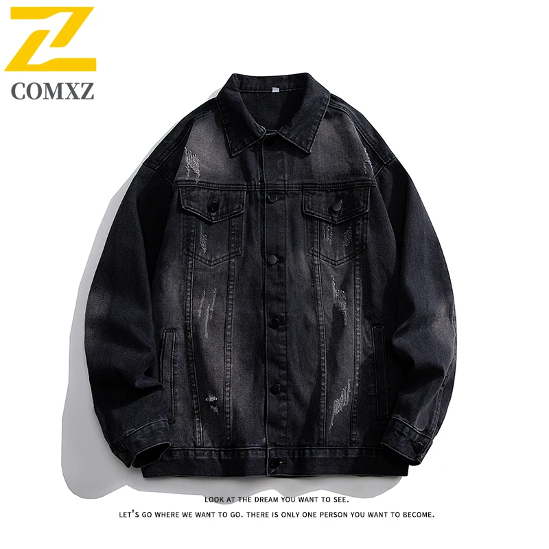 

COMXZ Mens Outdoor Casual Jacket Korean Style Solid Color Waterproof Windproof Workwear Minimalist Streetwear Vintage Denim Coat
