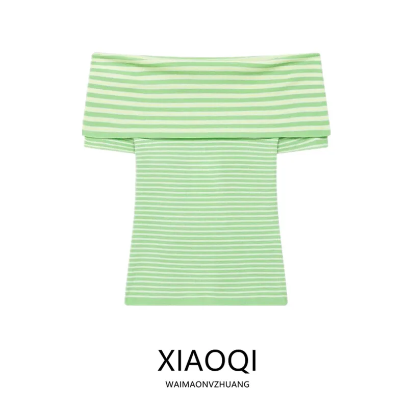 Summer 2026 New Women's Knitted Short Sleeve Shoulder Bared Straight Collar Stripe Pattern Casual Fit Regular Length Top