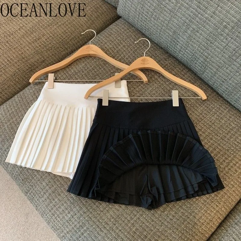 

OCEANLOVE Pleated Skirts Women Solid A-line Preppy Style Spring Summer Faldas Mujer High Waist Sweet Simple Mini Skirt