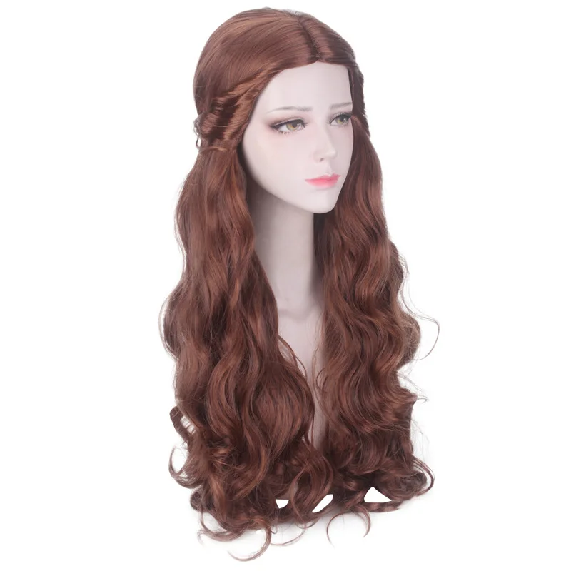 Peluca de Cosplay para mujer, pelo sintético de princesa bella con flequillo, pelo largo y rizado, fibra resistente al calor, fiesta