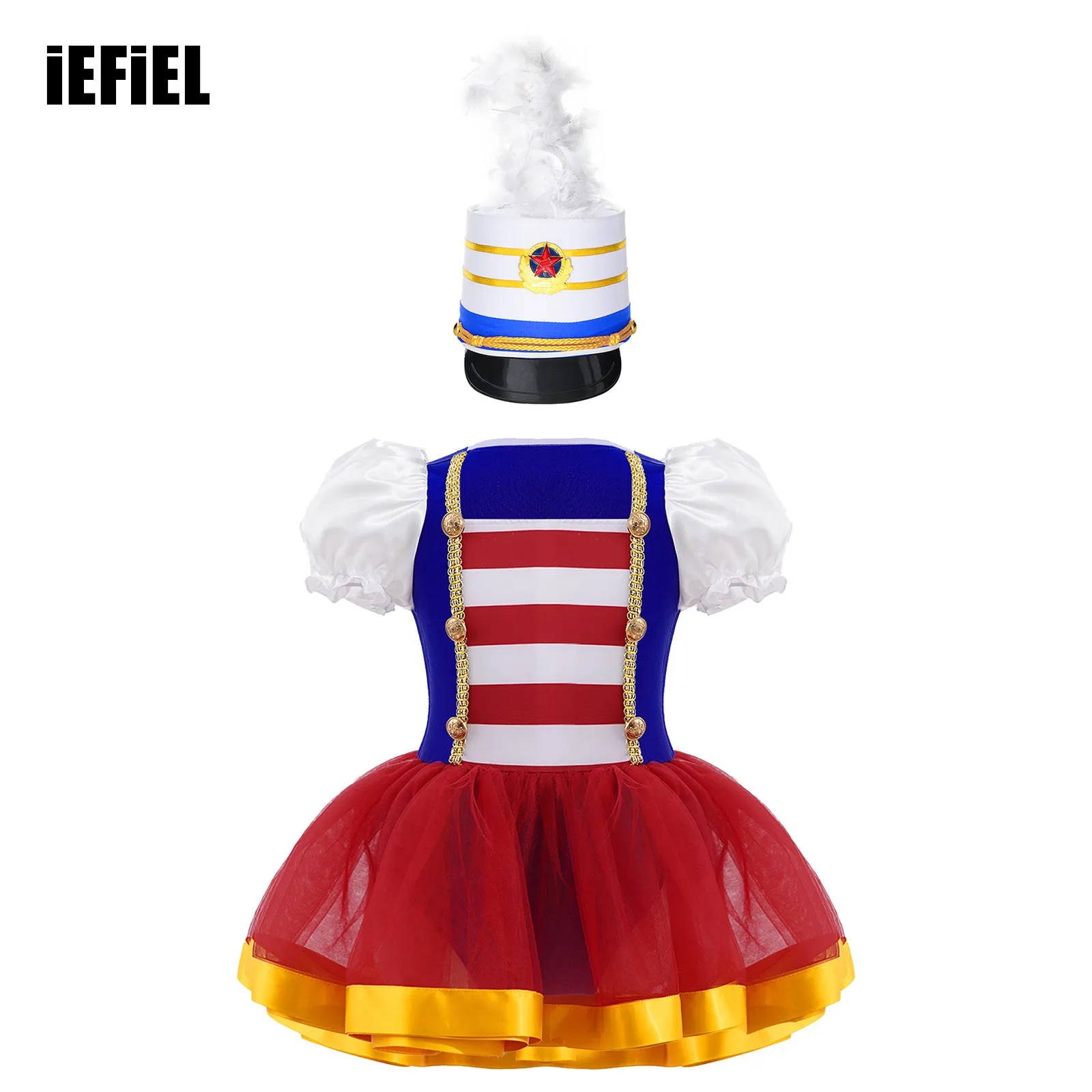 

Kids Girls Circus Flag Raiser Honour Guard Costume Set Short Puff Sleeve Tutu Leotard Dress with Feather Hat for Performance