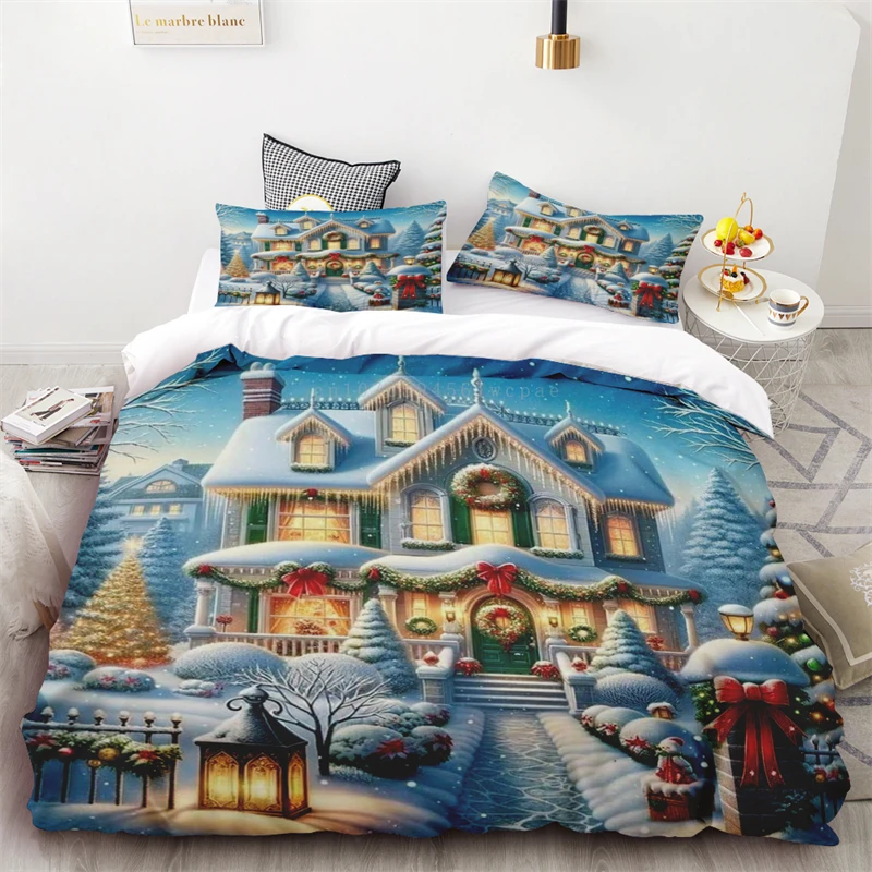 

3pcs Duvet Cover Christmas Castle Beautiful Snow Scene Bedroom Living Room Festive Atmosphere Decoration Single Double Bed