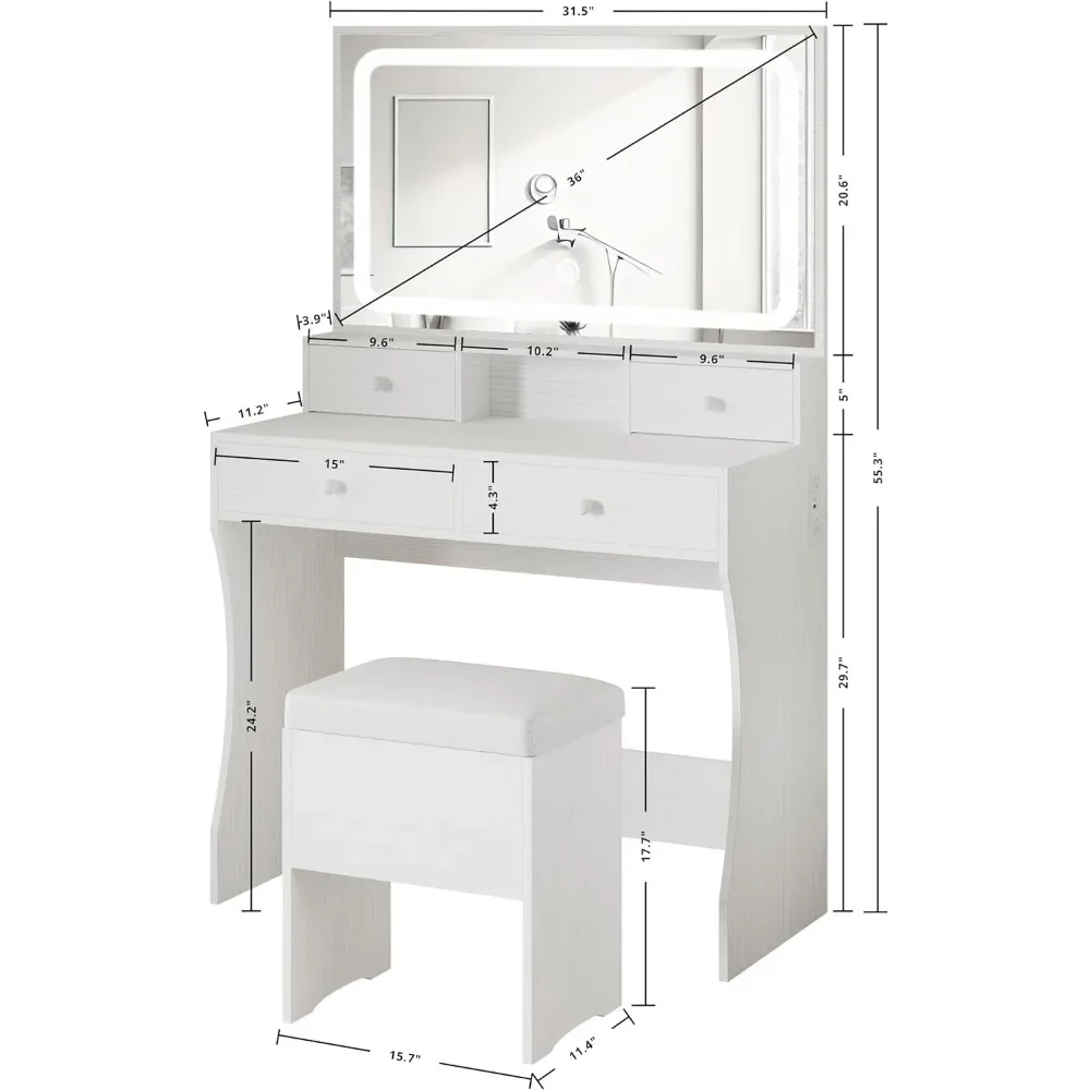 Столик под раковину в комплекте со встроенной розеткой, столик для макияжа с 4 ящиками, скамейка для хранения, столик под раковину