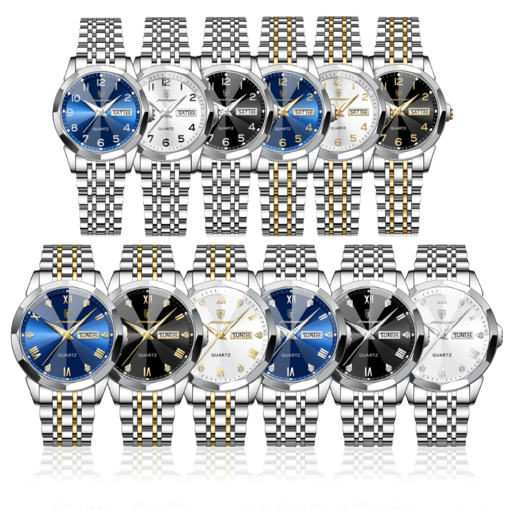 POEDAGAR Coppia di moda Orologi Trend Dress Orologio da polso al quarzo originale Wateproof Luminoso Data Settimana Amante Orologio per lui e per lei