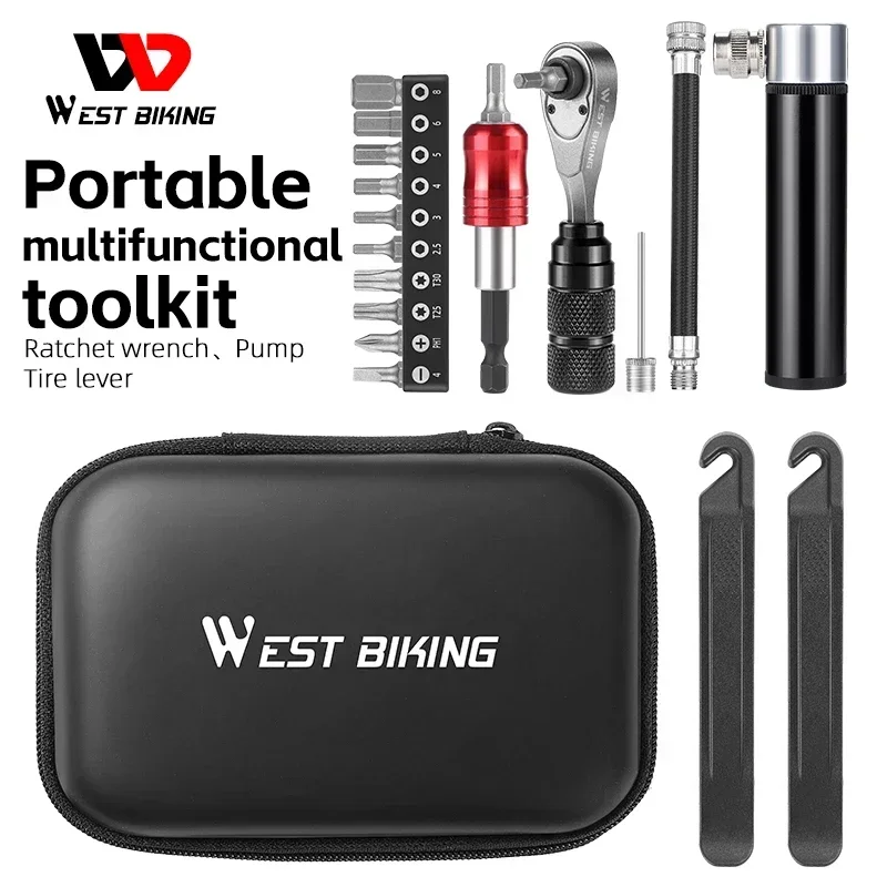 WEST BIKING Professional Bike Tools Portable Ratchet Wrench kit Tire Lever Mini Pump Multifunction Tools Road Bike MTB Accessory