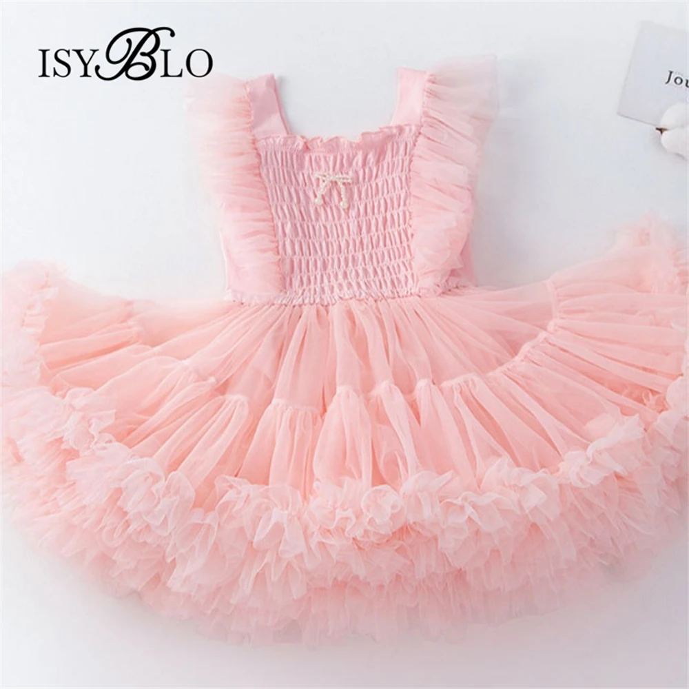 ISYBLO Flare Sleeves Tutu Dress for Children Above Knee Birthday Gift for Kids 90cm-130cm Forml Dress with Pearls Bow