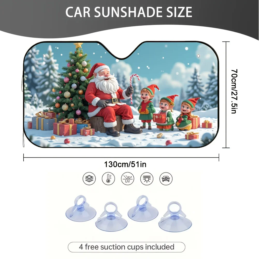 Festive Santa Claus Gnome Christmas Car Windshield Sunshade Foldable UV Protector Polyester Ideal for Trucks Pickups