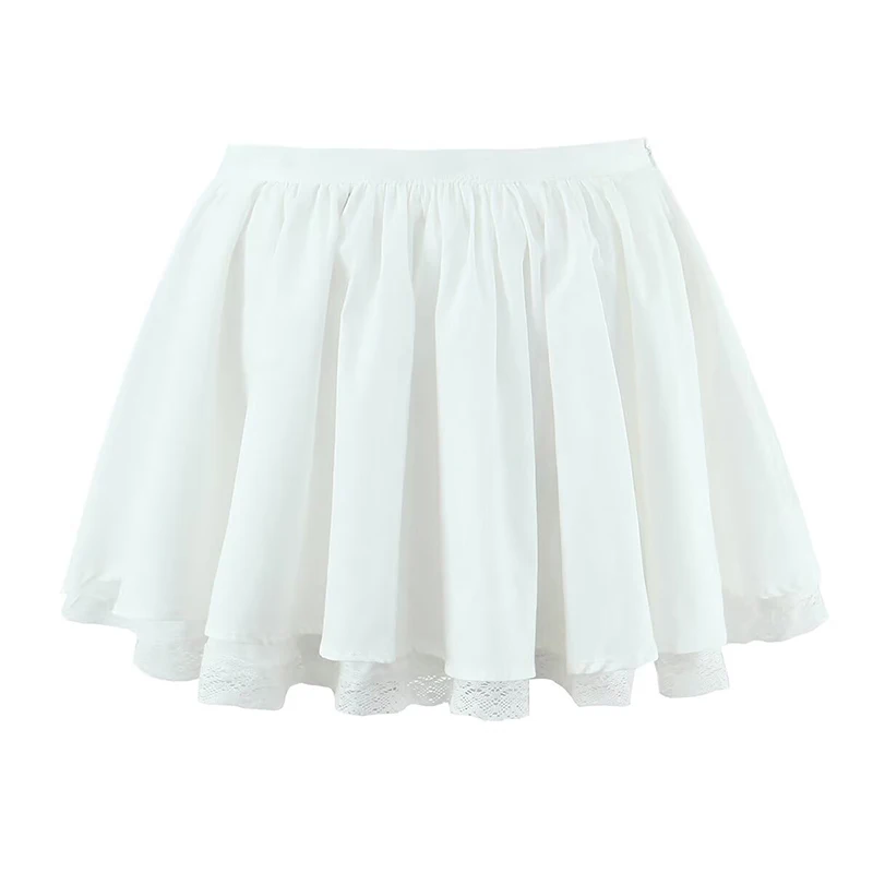 YENKYE Lace Trim Multi Layer White Mini Skirt Women Sexy Low Waist Pleated Holiday Summer Skirt Cotton New 2026