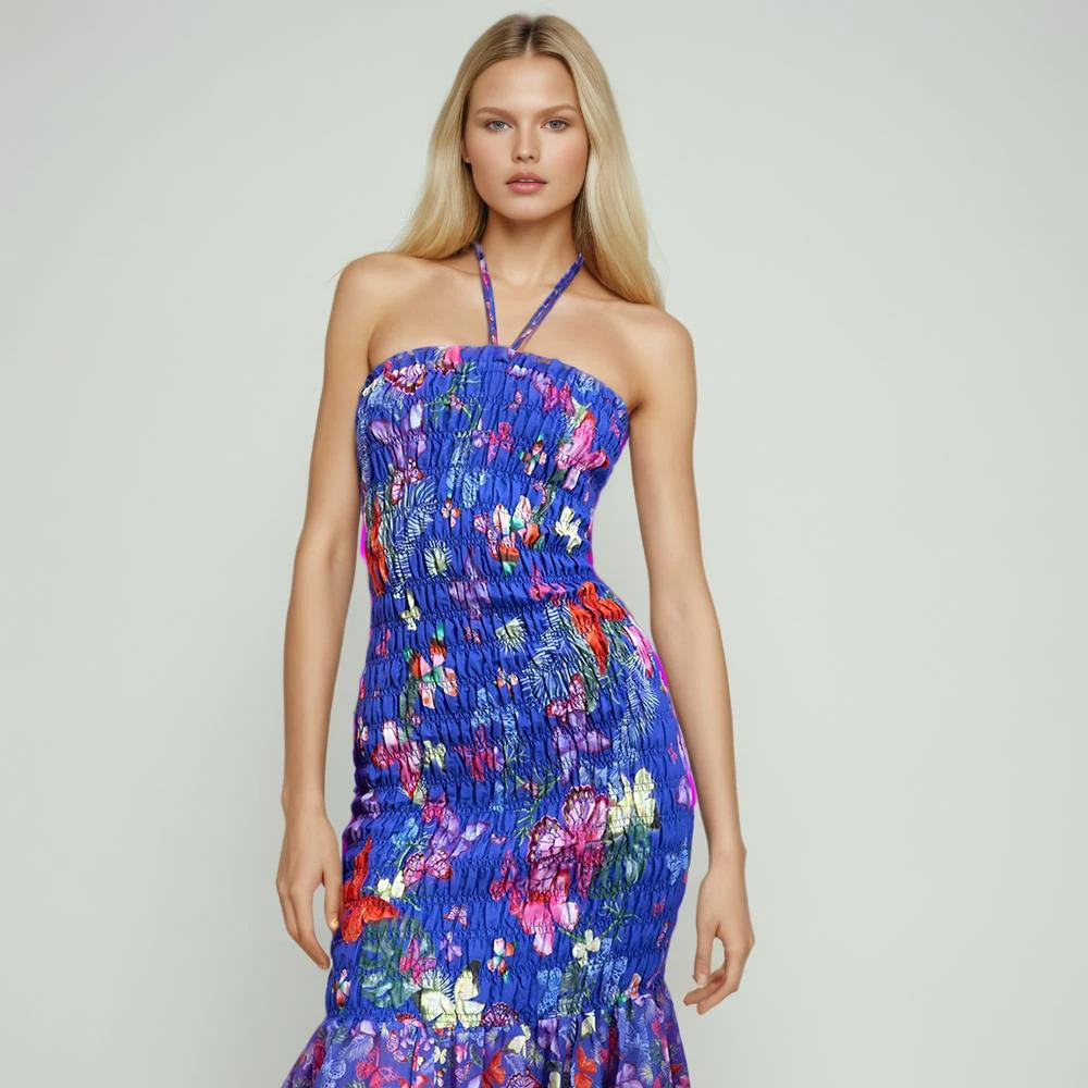 

Hit Color Floral Printing Backless Dress For Women Halter Sleeveless High Waist Slimming Temperament Dresses Female Fashion