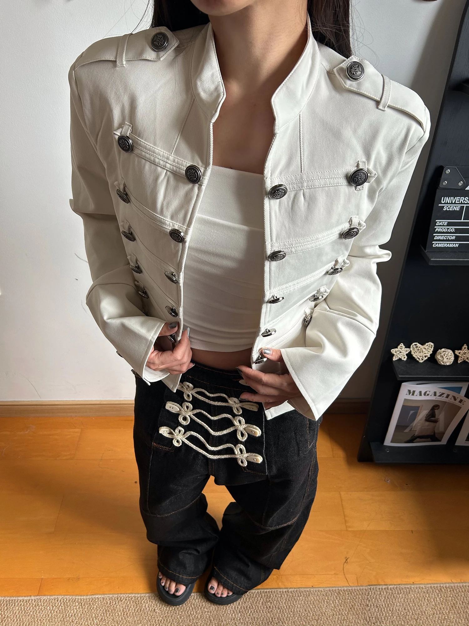 KISMETS White Stand Collar Button up Cardigan Short Jacket Napoleon Style Old Money Look Courtly Fashion Loose Fit Polyester ...