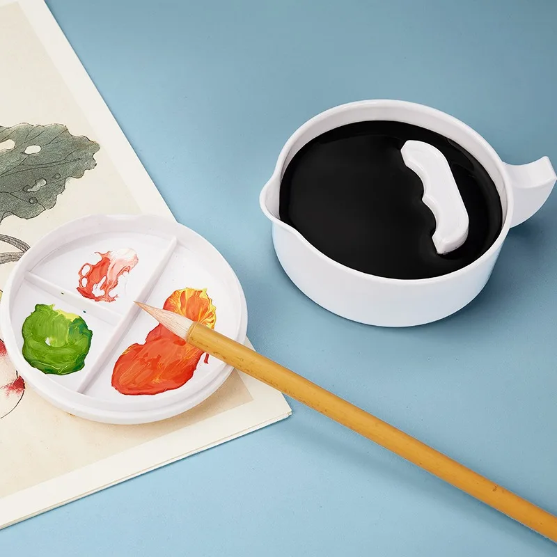 Multi-functional Unbreakable Plastic Ink Stone with Lid Student Calligraphy Ink Dish Brush Rest for Beginners