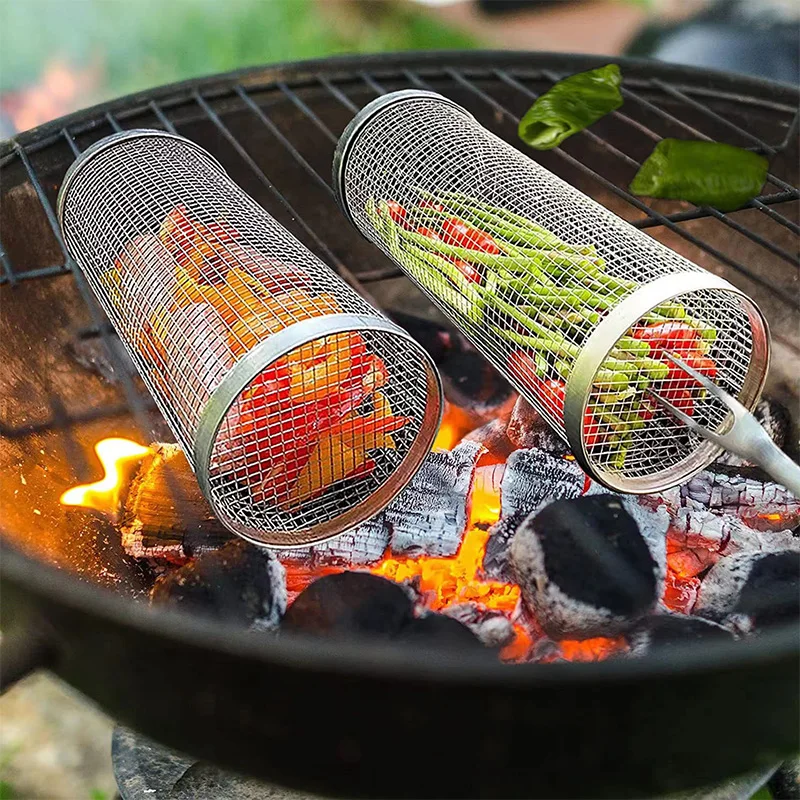 Portable DIY Barbecue Grill Rolling Cage Stainless Steel Cylinder Round Tube Outdoor BBQ Mesh Basket Campfire Cooking Rack