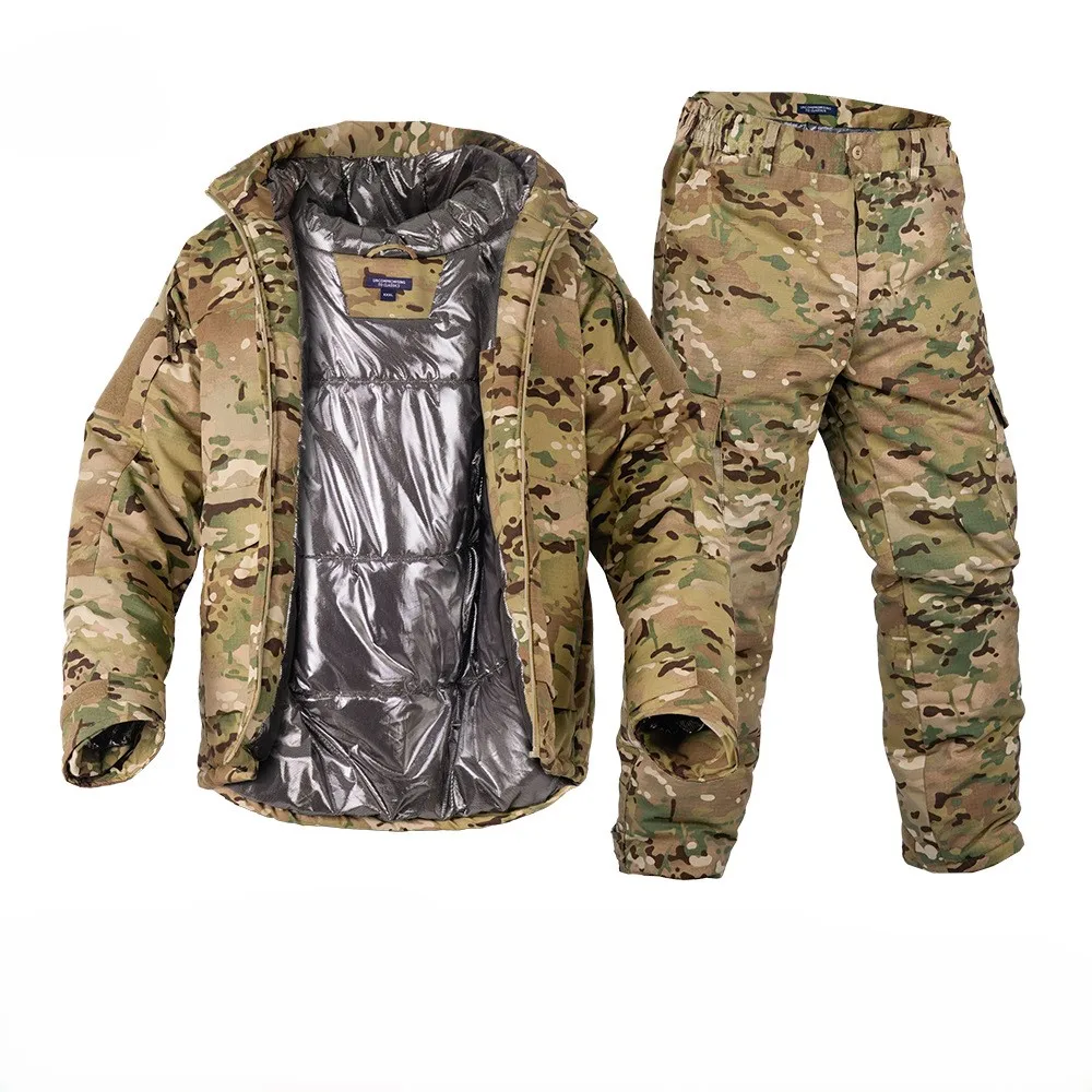 

New Thermal Reflective Camo Tactical Parka Set Men's Winter Cotton Padded Jacket/Pants Cold Area Waterproof Snowsuit for Outdoor