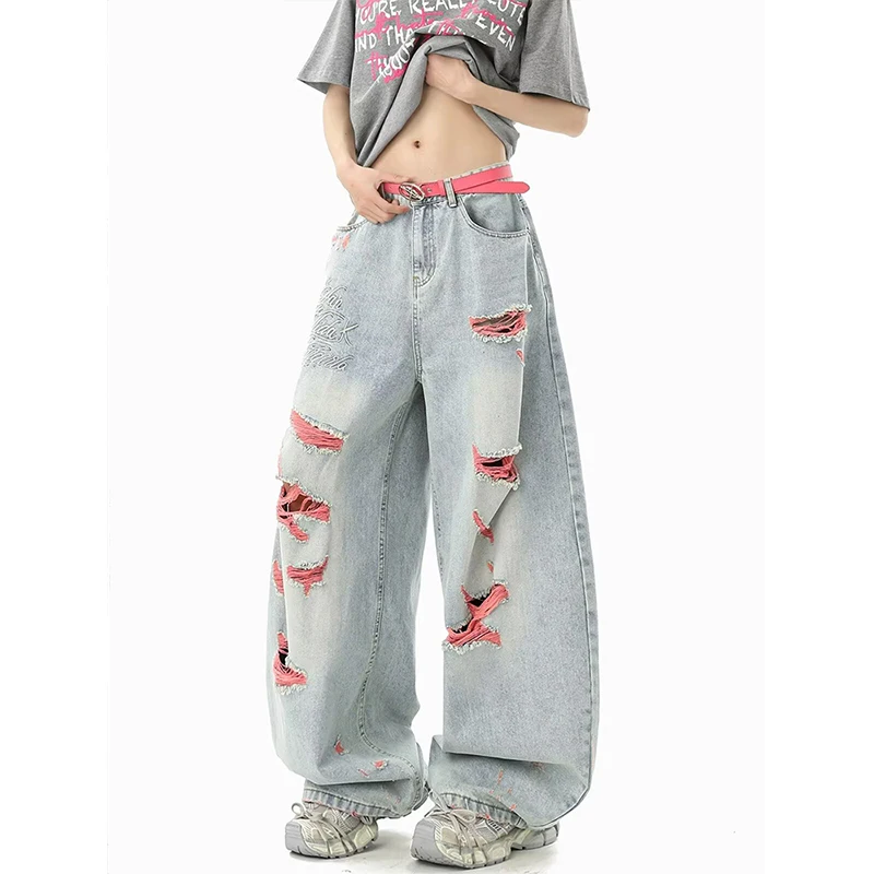 American Color Block Hole Denim Jeans Men Summer Handsome High Sense Street Straight Leg Wide Leg Pants Resistant to Deformation