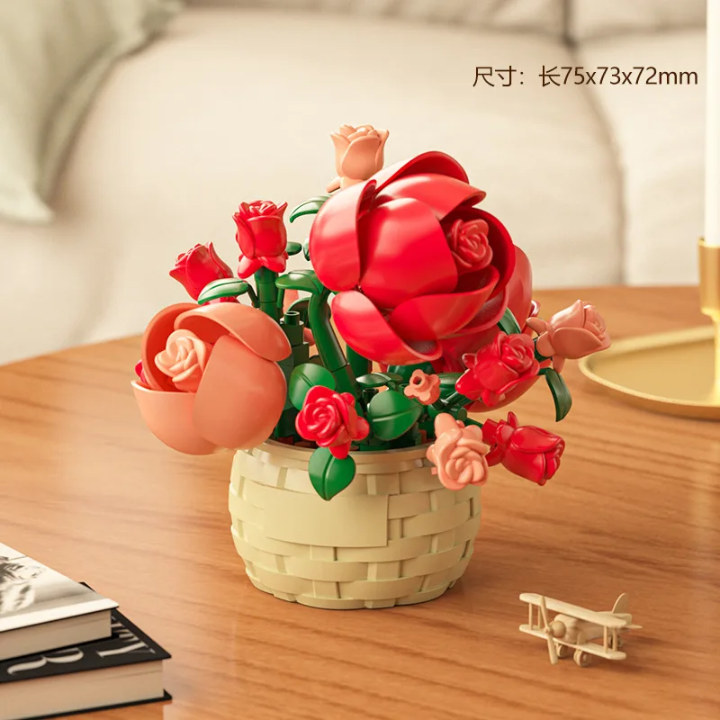 RedRose Flower Sunflower Building Blocks Flower Baskets Eternal Flower Girl Desktop Decorations Ornaments Gift Toys