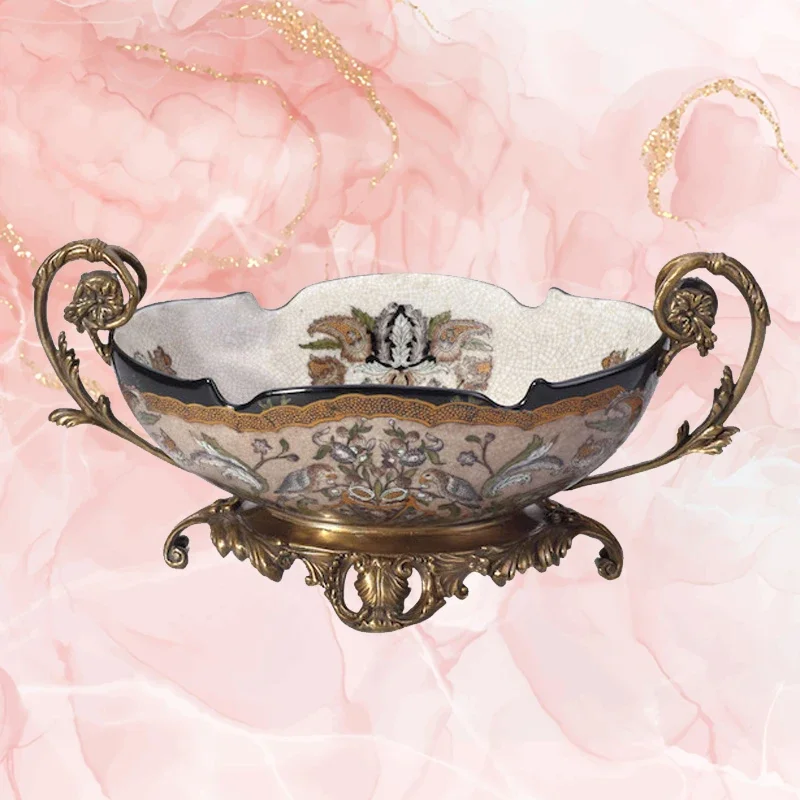 Candy decoration tray bronze white porcelain home decoration, living room large-capacity spoon design ceramic fruit bowl