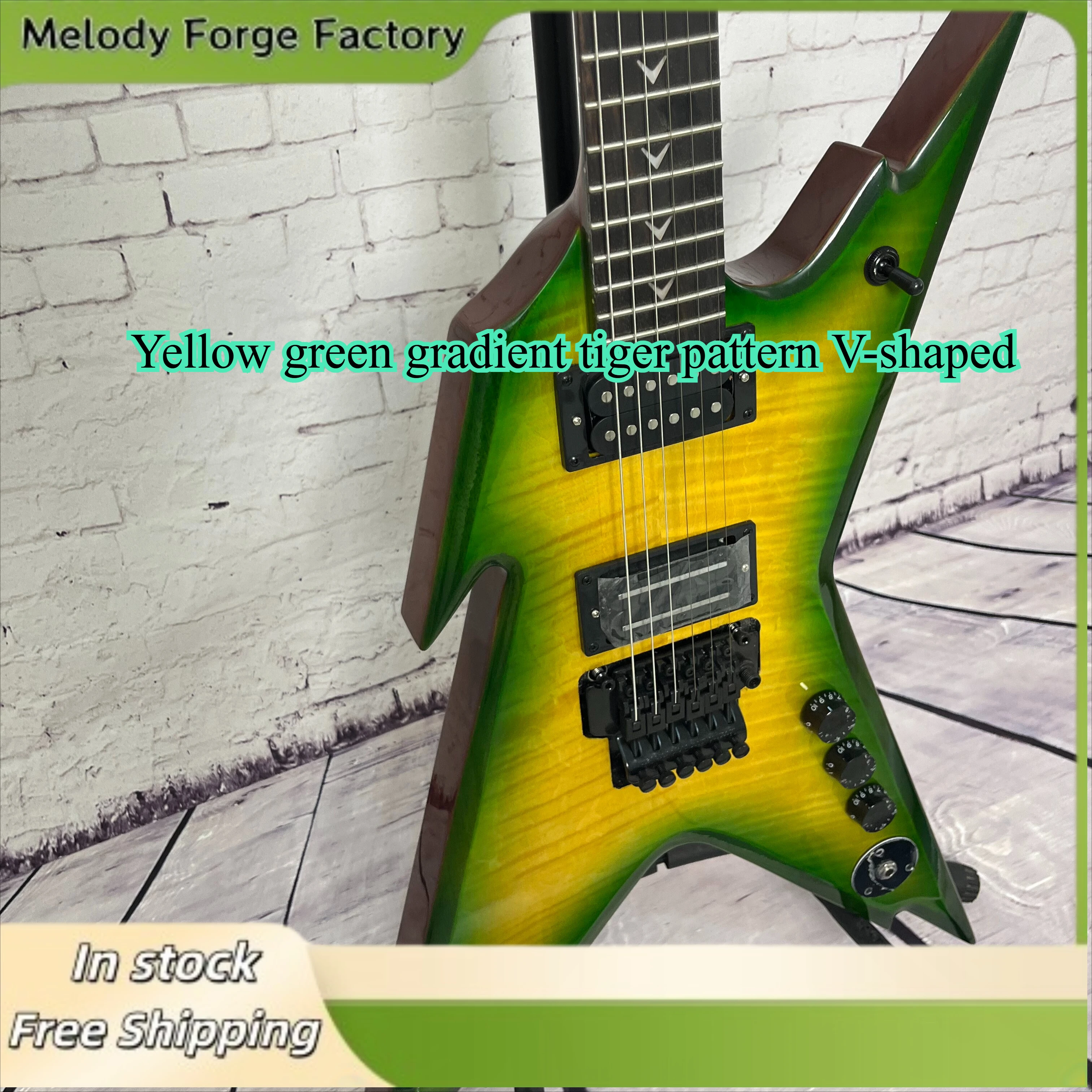 Electric Guitar Yellow Green Gradient Tiger Pattern V-shaped Rosewood Fingerboard Mahogany Body V-shaped Shell Product Record