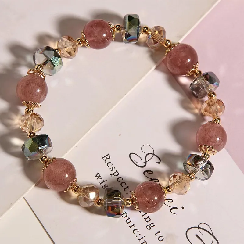 1 Strawberry Crystal Bead Bracelet Suitable for Both Men and Women, Fashionable Gemstone Elastic Bracelet, Cute Style Jewelry