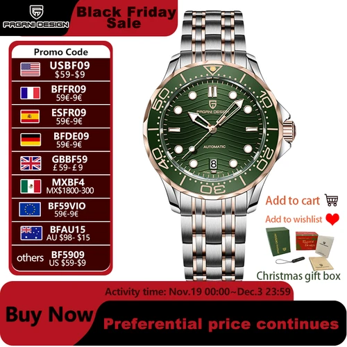 PAGANI DESIGN 2025 nuevos relojes de buceo para hombre, reloj automático de lujo verde oro rosa para hombre, reloj de pulsera mecánico MIYOTA 8215 para hombre
