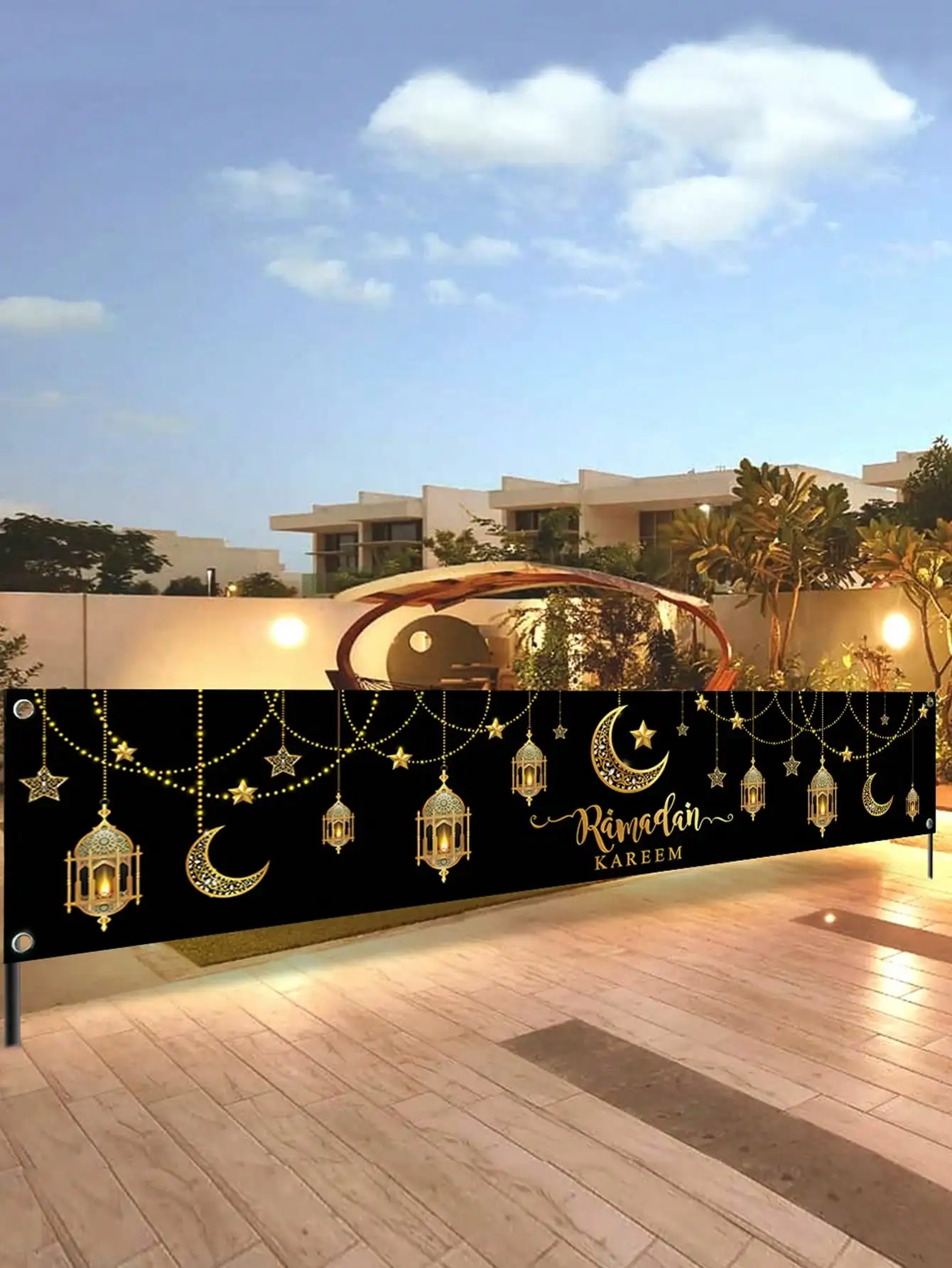 1Pc Ramadan Festival Outdoor Decoration Banner Ramadan Kareem Black Gold Star Moon Lantern Banner Muslim Festival Courtyard Party Decoration Flag