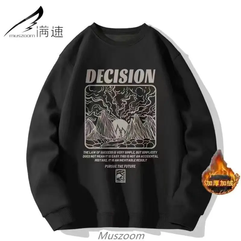 Men's Casual T-Shirt with Fashion Warm Fleece and Stylish Print Designer  Autumn Winter 2024 sweater sweatshirts streetwear men