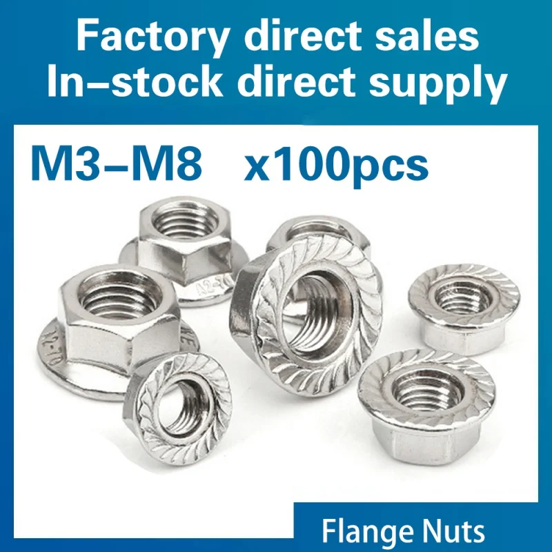 

100PCS/LOT 304 Stainless Steel Hexagon Flange Nut Pinking Slip Locking Lock Nut M3 M4 M5 M6 M8 DIN6923