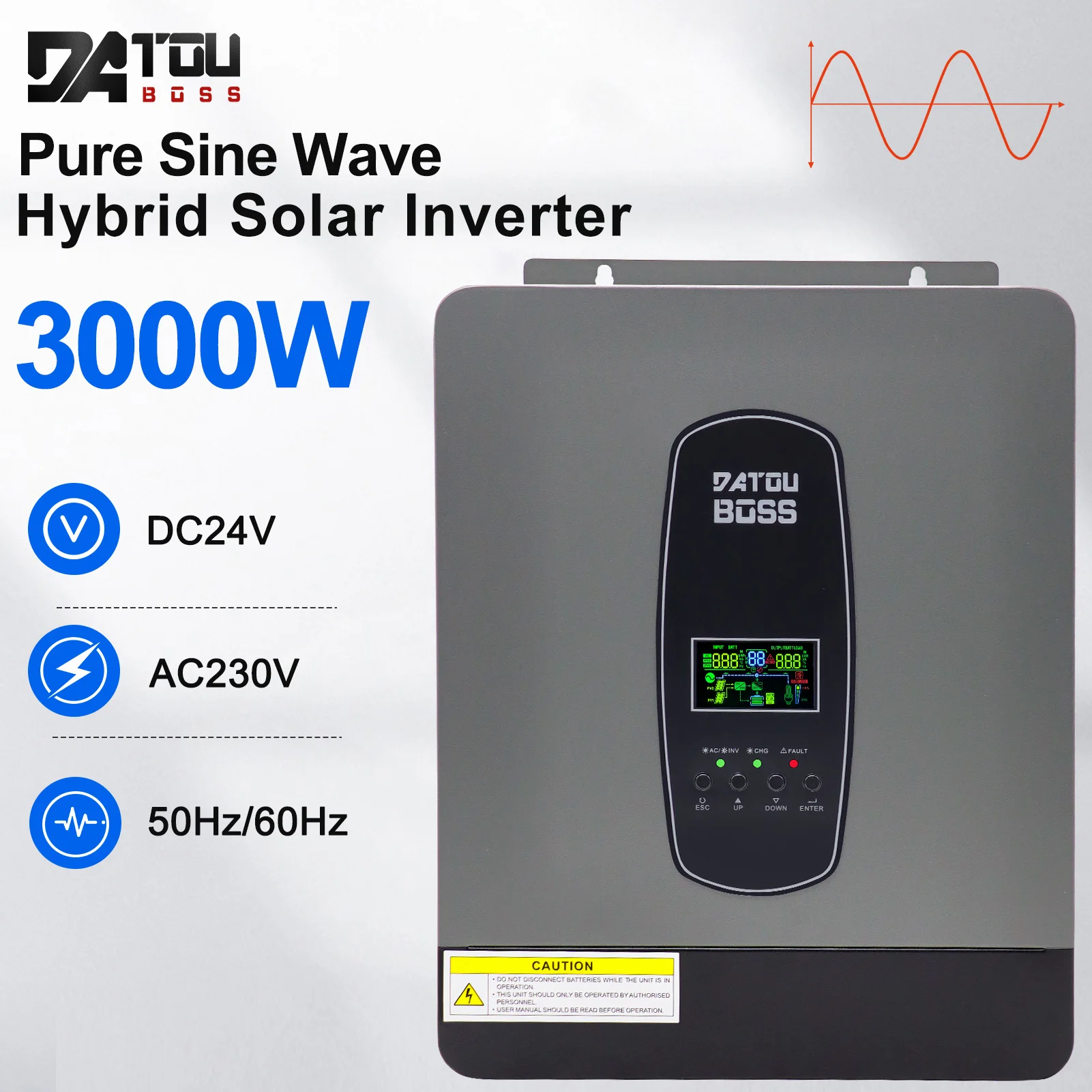 DATOUBOSS 3000W Pure Sine Wave Inverter 24V to 230V MPPT Solar Charge Controller Built-in for Home RV Off-Grid