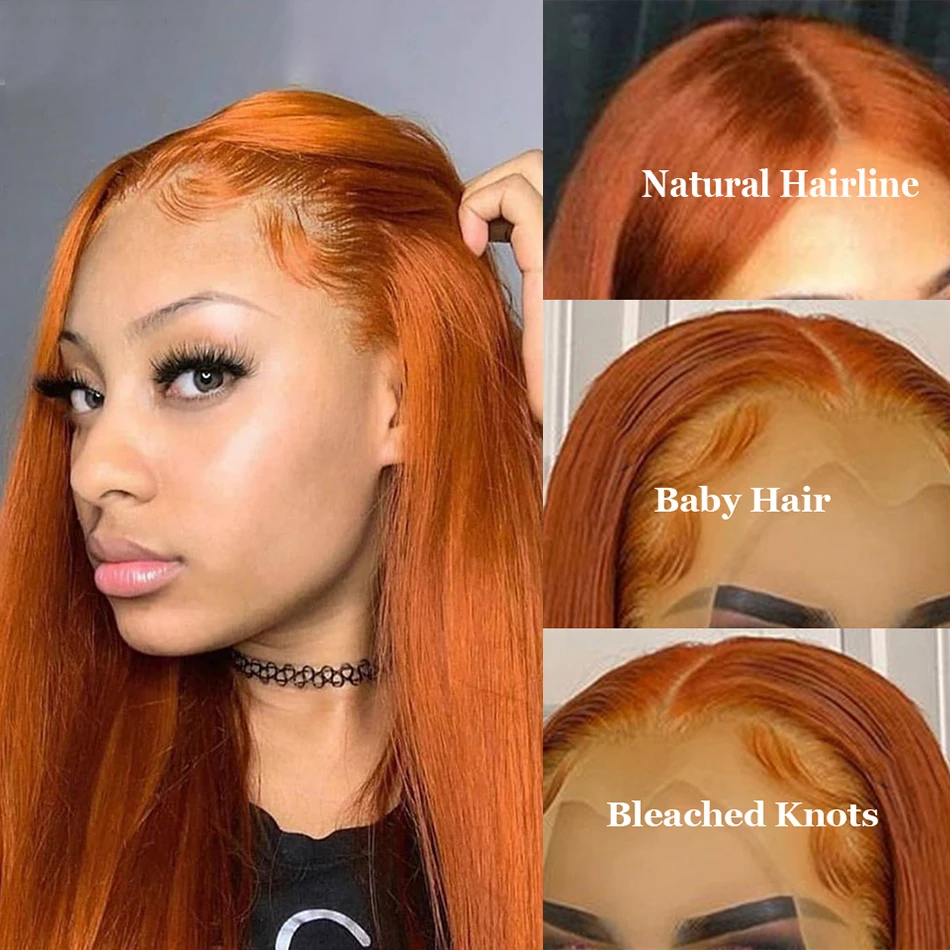 Peruca frontal de renda reta Glueless para mulheres, peruca de cabelo humano, gengibre laranja, 13x4, 13x6, HD, fechamento 4x4