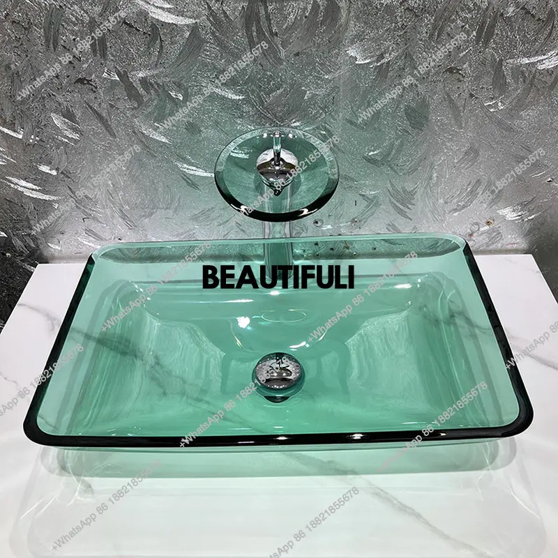 

Simple household tempered glass countertop basin, transparent artistic washbasin, homestay light green square washbasin