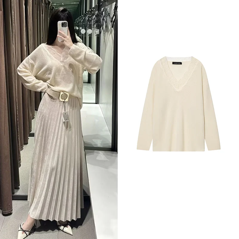 

Женский осенний свитер 2025 года, новая мода, свободный кружевной элегантный женский теплый свитер с v-образным вырезом, шикарный осенний уличный молодежный пуловер с джокером