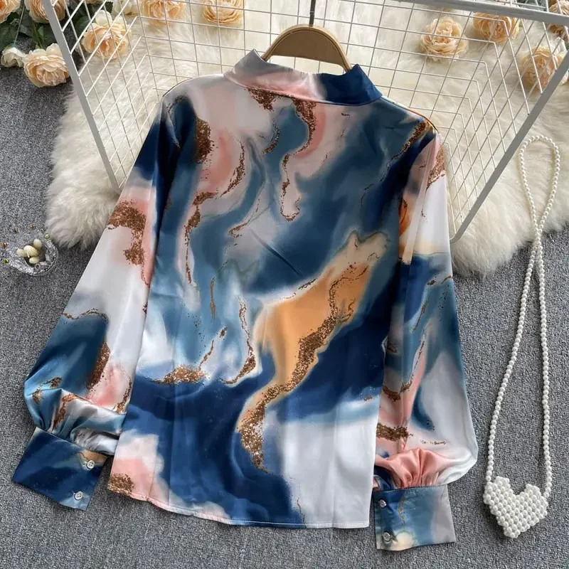 2023 Spring and Autumn Women\'s New Fashion Tie Dyed Polo Collar Long Sleeve Shirt Loose Temperament Casual Versatile Shirt