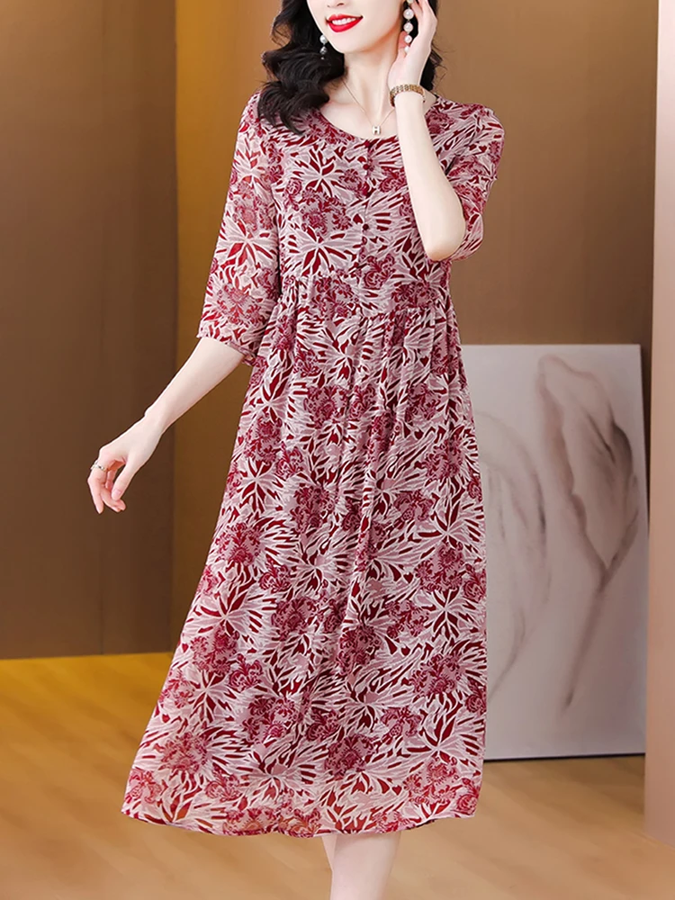 

Women Red Floral Chiffon Short Sleeve Midi Dress Summer Fashion Casual Beach Dress 2024 New Korean Elegant Bodycon Party Dresses