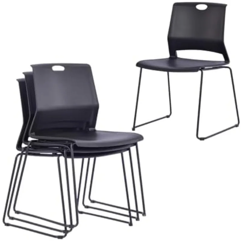 4 Stacking Chairs, Black Church Chairs, Stackable Plastic Chairs with Durable Metal Frame，Restaurant Chairs