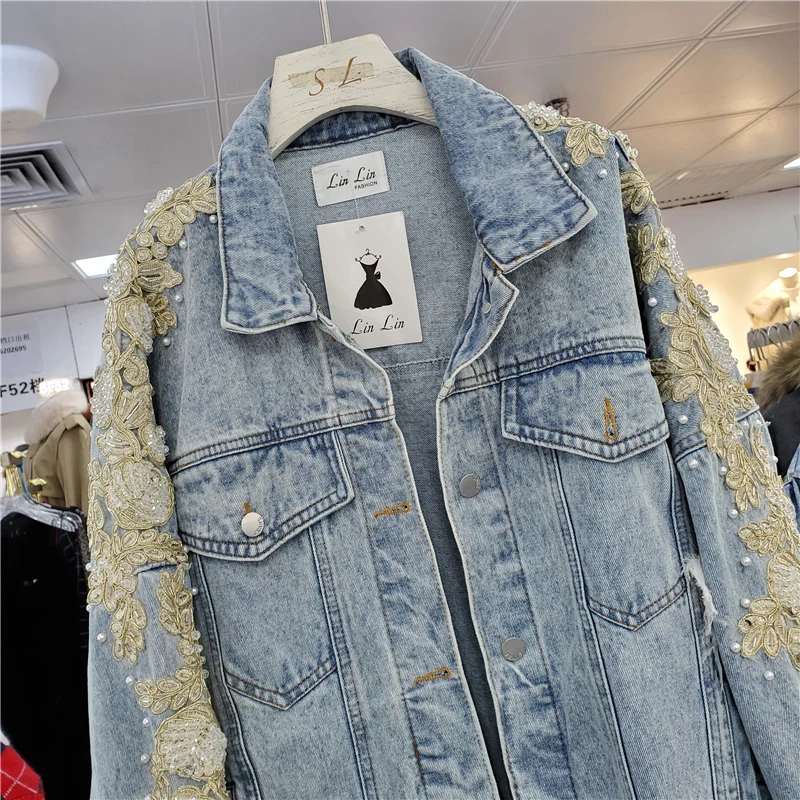 Vintage Beaded Flowers Denim Jacket Spring Autumn Women Loose Korean Casual Lapel Batwing Sleeve Jeans Jacket Female Basic Coat