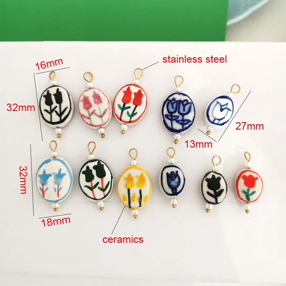 2pcs/lot Flower Ceramics Clay Tulip Pendant Charm Handmade DIY Necklace Stainless Steel Blue Painting Imitation Pearl Wholesale